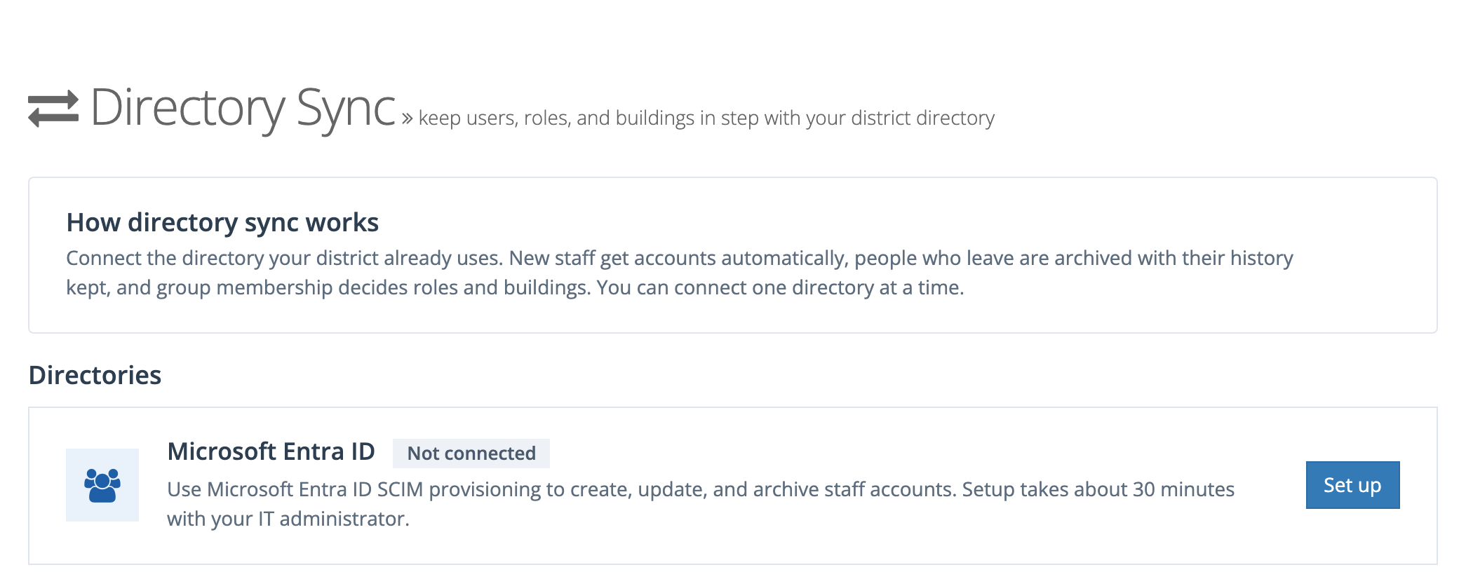 The Directory Sync page listing Microsoft Entra ID as Not connected, with a Set up button