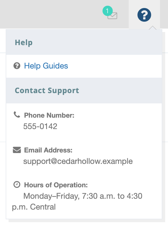 The help menu open below the question-mark icon, with a Help Guides link under Help, and a phone number, email address, and hours of operation under Contact Support
