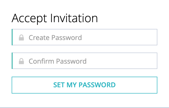 The Accept Invitation page with the Create Password and Confirm Password fields and the Set my password button.