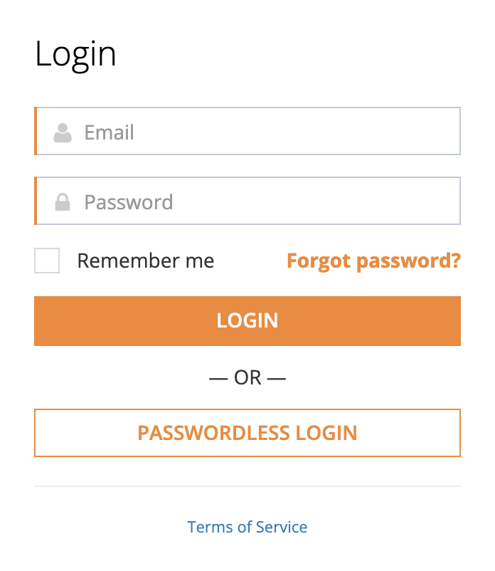 The Login page with Email and Password fields, a Remember me checkbox, the Forgot password? link, the Login button, the Passwordless Login button, and a Terms of Service link.