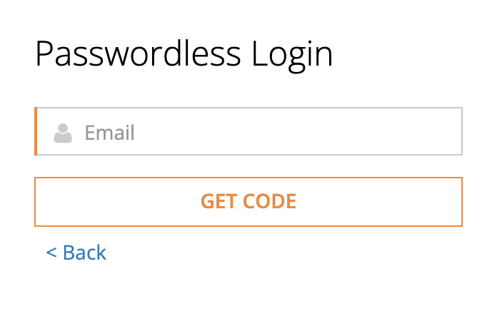 The Passwordless Login page with an Email field, the Get Code button, and a Back link.