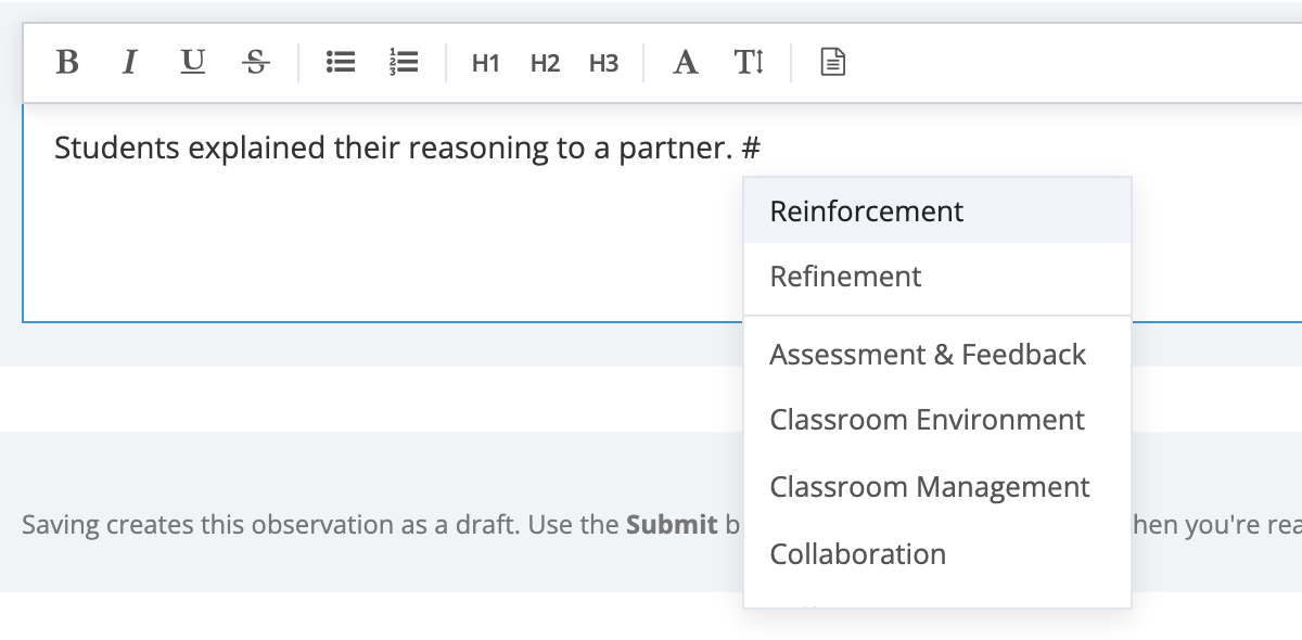 The focus-area mention menu opened by typing a hash after a sentence of feedback, listing Reinforcement and Refinement above district focus-area tags such as Assessment & Feedback and Classroom Management.