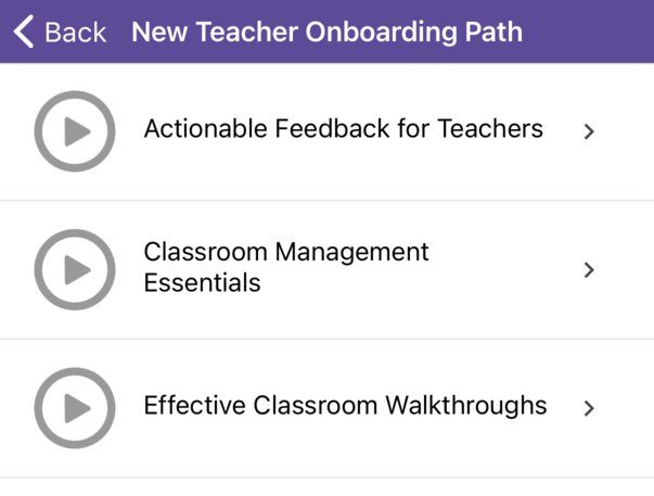 The New Teacher Onboarding Path library open on the Libraries tab, listing Actionable Feedback for Teachers, Classroom Management Essentials, and Effective Classroom Walkthroughs