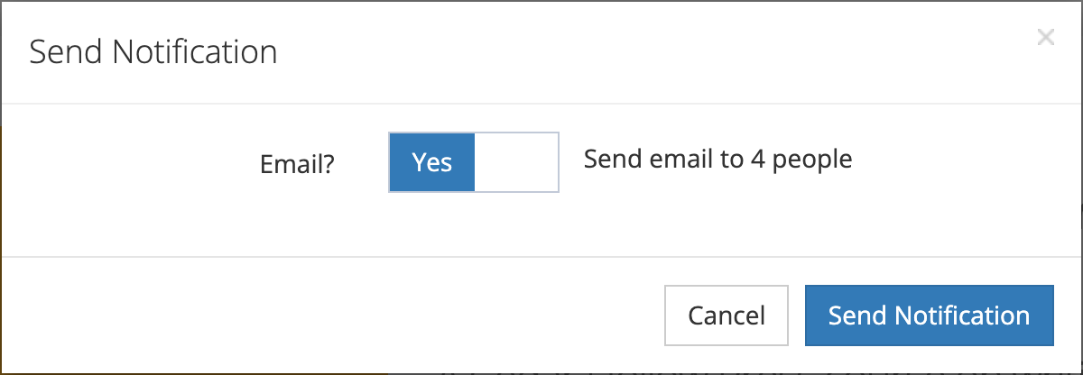 The Send Notification window with Email? set to Yes and the note Send email to 4 people, and Cancel and Send Notification buttons.