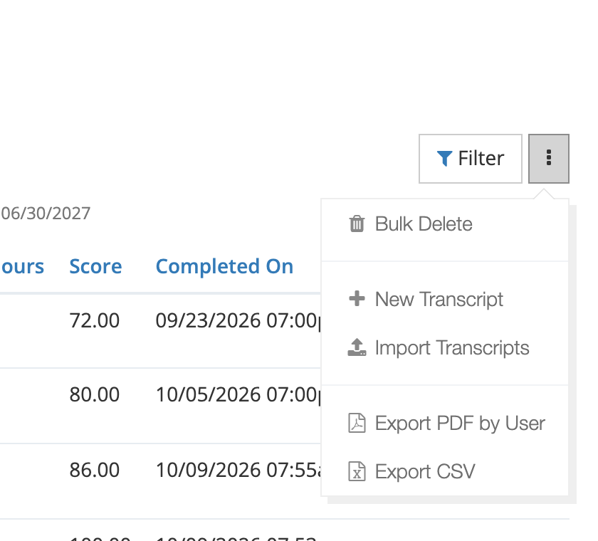 The more-actions menu open on the Transcripts page, listing Bulk Delete, New Transcript, Import Transcripts, Export PDF by User, and Export CSV.