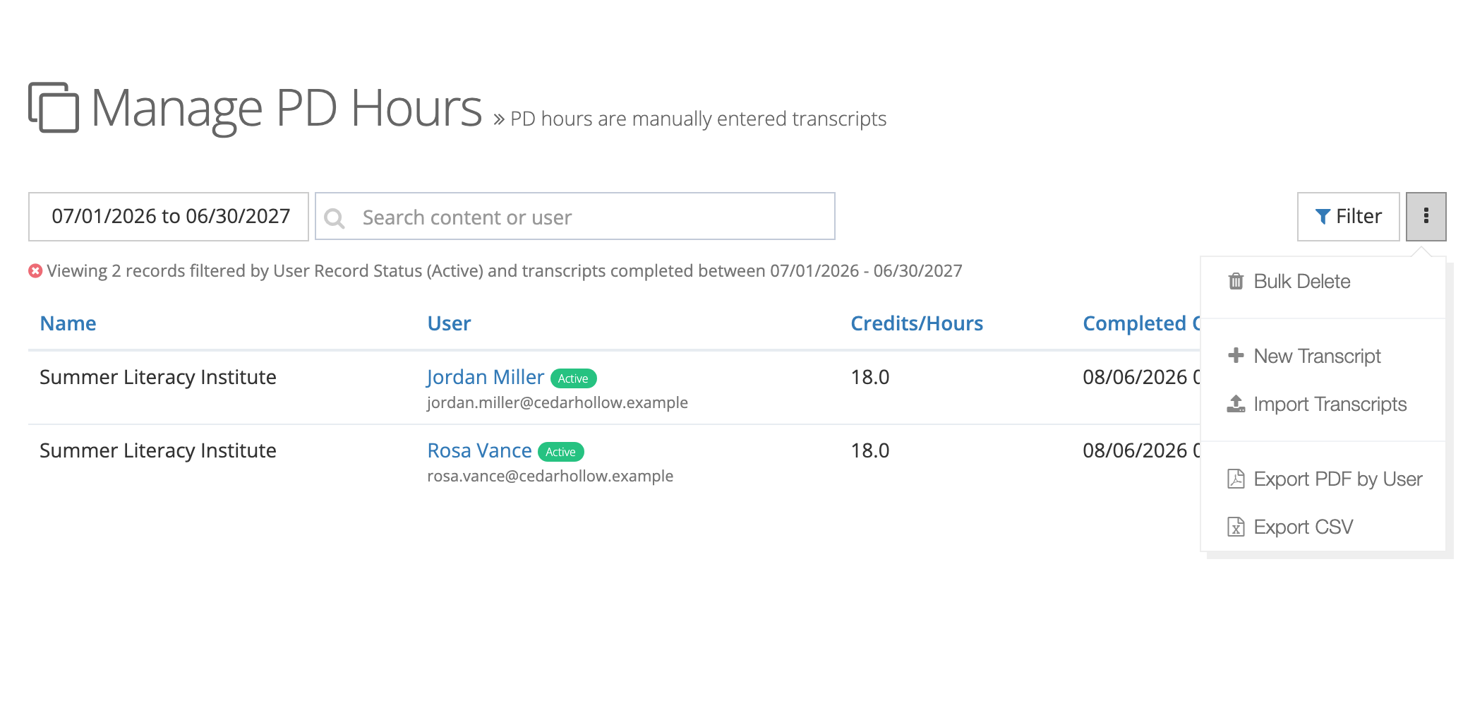The Manage PD Hours page with the more actions menu open, listing Bulk Delete, New Transcript, Import Transcripts, Export PDF by User, and Export CSV