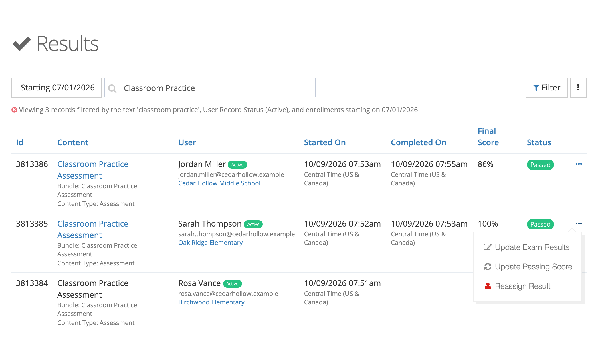 The Results page searched for Classroom Practice, showing three assessment results for Jordan Miller, Sarah Thompson, and Rosa Vance, with the row menu open on Sarah Thompson's result listing Update Exam Results, Update Passing Score, and Reassign Result