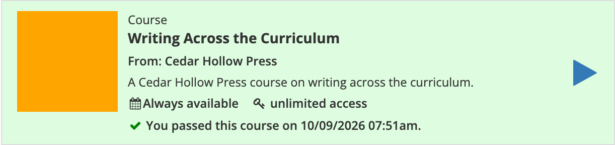 A green course card for Writing Across the Curriculum reading "You passed this course on 10/09/2026 07."