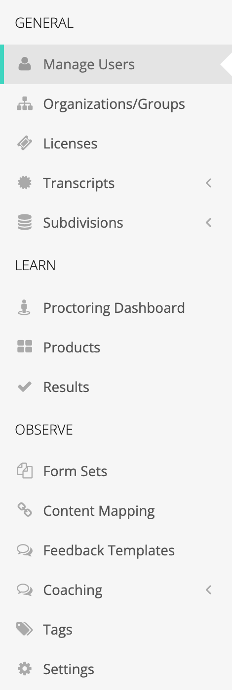 The System Administration sidebar with Licenses and Transcripts under GENERAL and Proctoring Dashboard, Products, and Results under LEARN