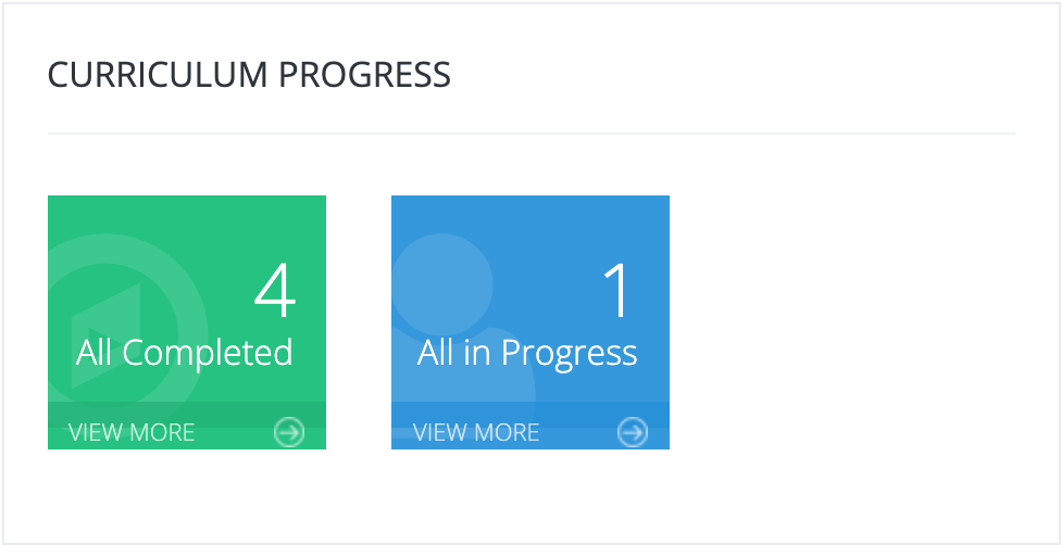 The CURRICULUM PROGRESS card on the Admin Dashboard with an All Completed tile showing 4 and an All in Progress tile showing 1, each with a VIEW MORE link