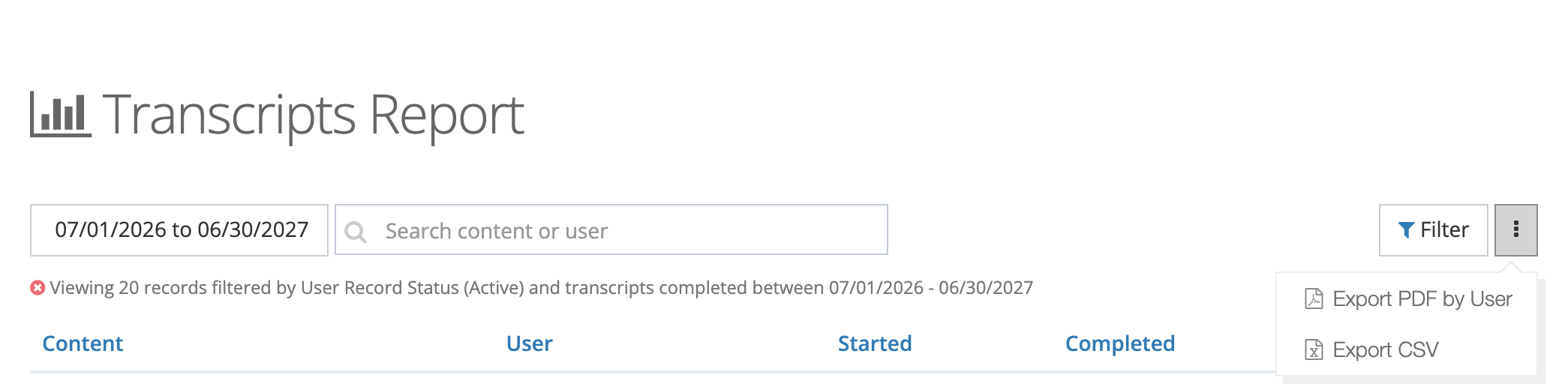 Transcripts Report with the menu open, showing Export PDF by User and Export CSV