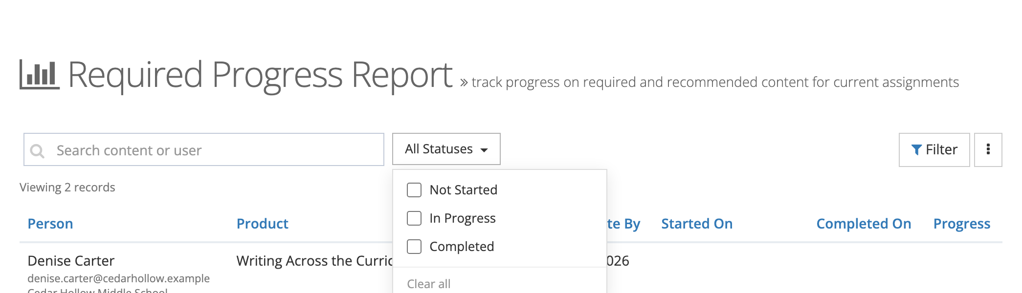 Status filter open with Not Started, In Progress, and Completed check boxes and a Clear all link