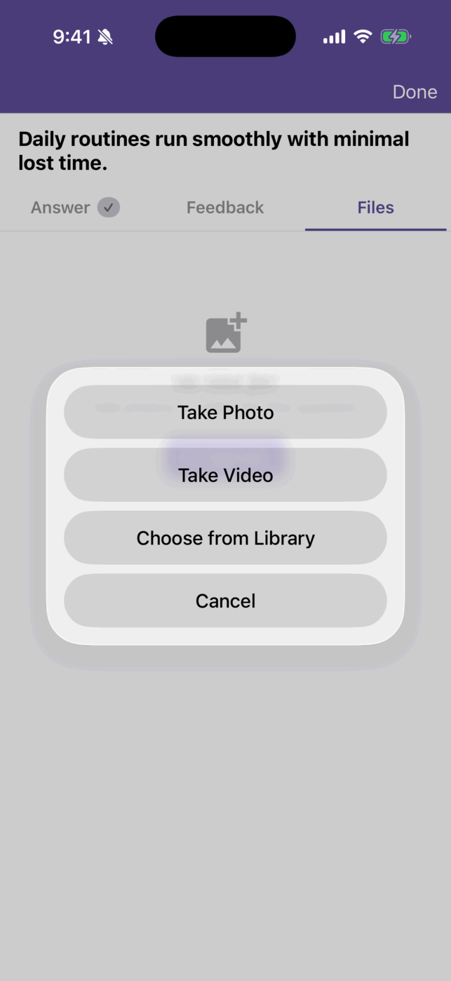 The Add file options over the Files tab: Take Photo, Take Video, Choose from Library, and Cancel.