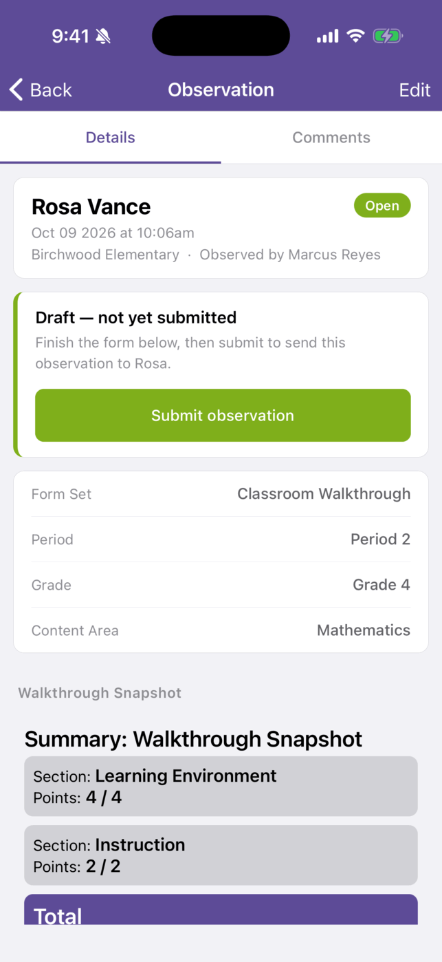 An open observation for Rosa Vance with the Draft callout and its green Submit observation button above the form set, period, grade, and content area.