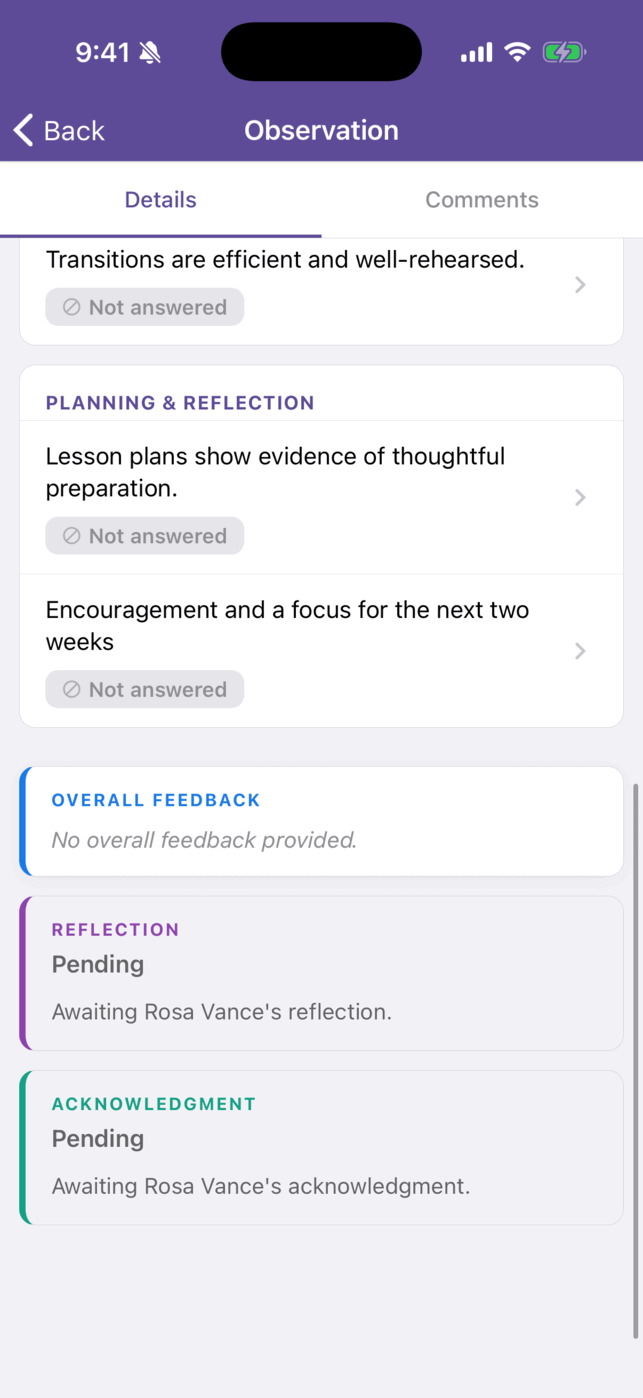 The bottom of an observation waiting on the teacher. Overall Feedback is followed by Reflection and Acknowledgment blocks, each marked Pending and awaiting Rosa Vance.