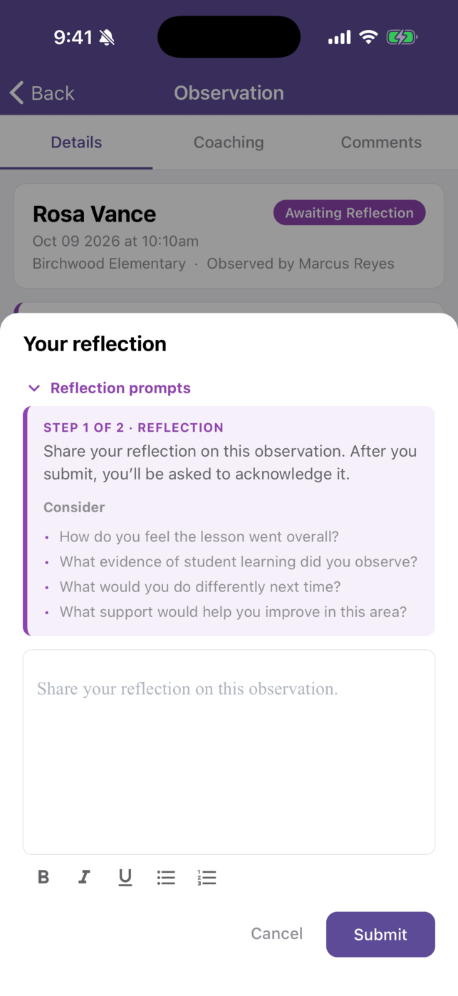 The Your reflection sheet with the expanded Reflection prompts panel listing four Consider questions, an empty reflection box with a formatting toolbar, and Cancel and Submit buttons.