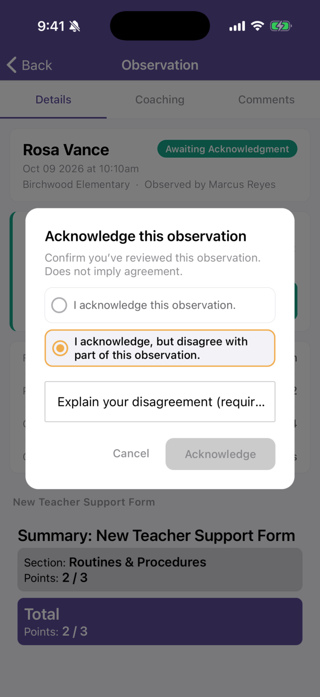 The Acknowledge this observation window with the disagree option selected, the required explanation box below it, and the Acknowledge button greyed out until an explanation is written.