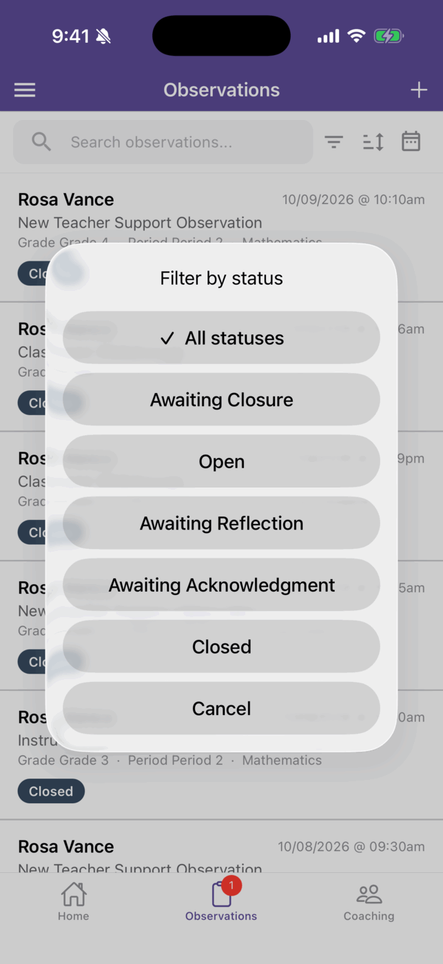 The Filter by status sheet over the list, with All statuses checked and options for Awaiting Closure, Open, Awaiting Reflection, Awaiting Acknowledgment, and Closed.
