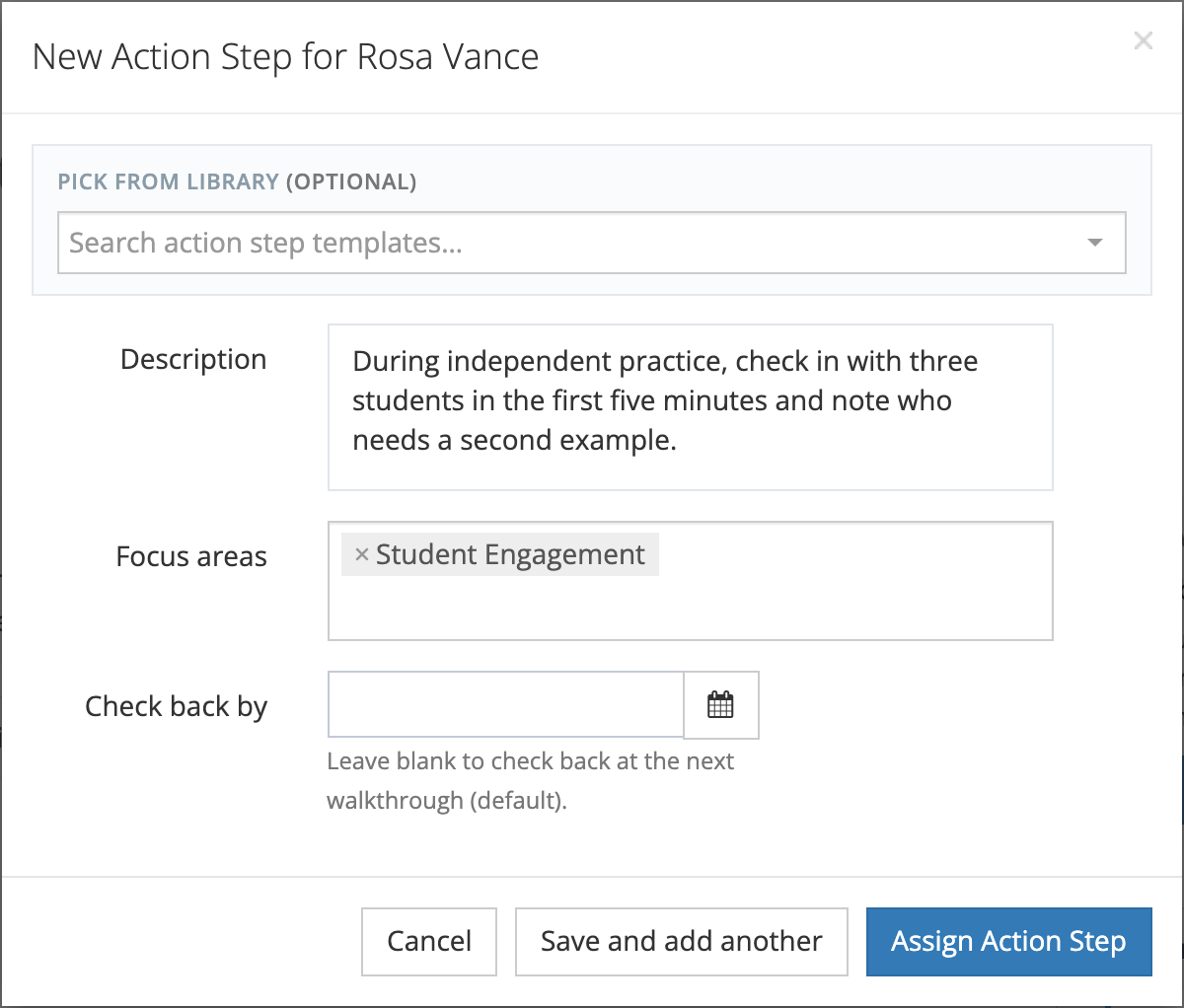 The New Action Step window with the Pick from library search, a description, a Student Engagement focus area, and an empty Check back by date