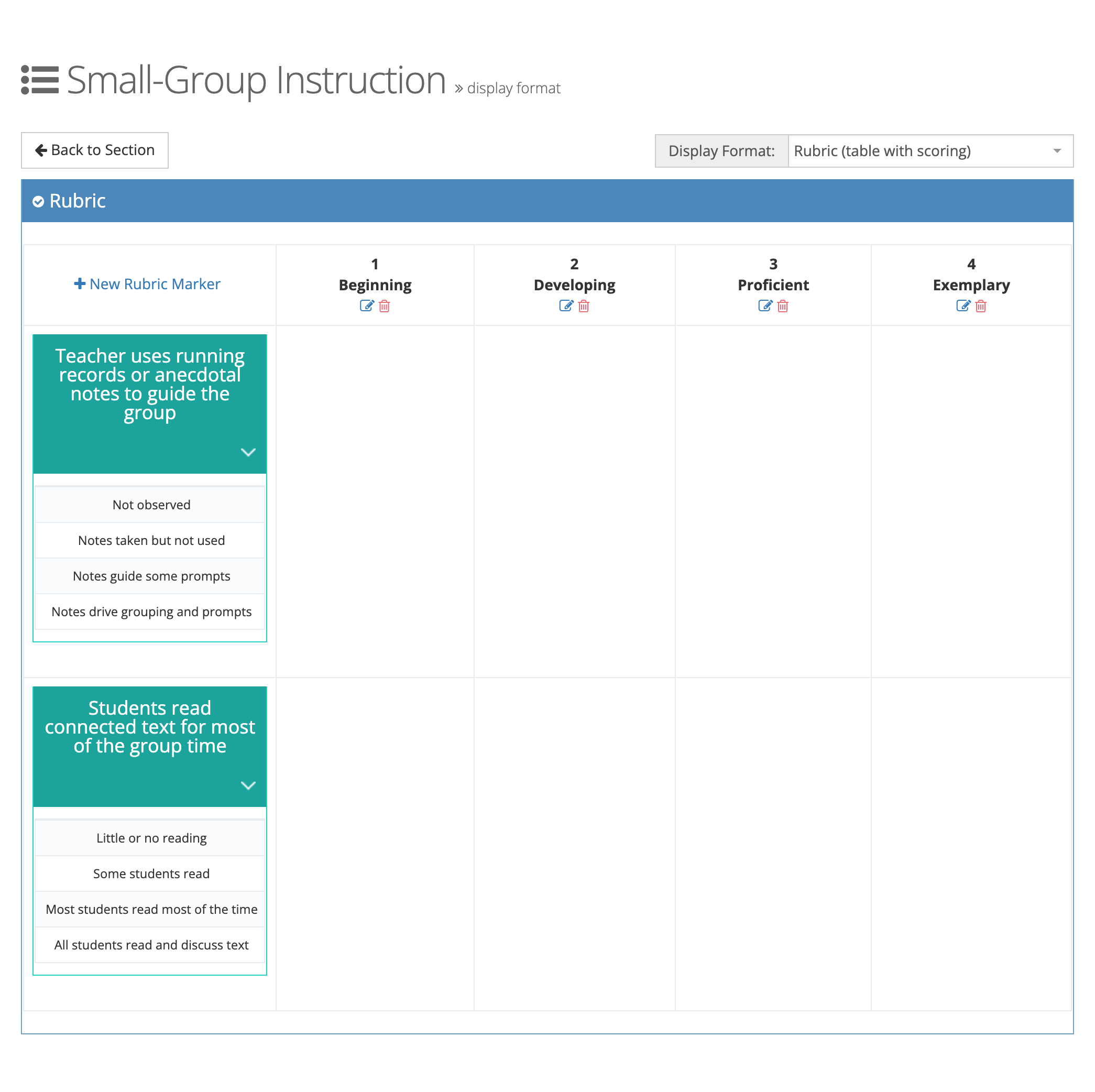 A rubric table with four levels (1 Beginning, 2 Developing, 3 Proficient, 4 Exemplary) and two questions whose answer choices are still listed under each question on the left