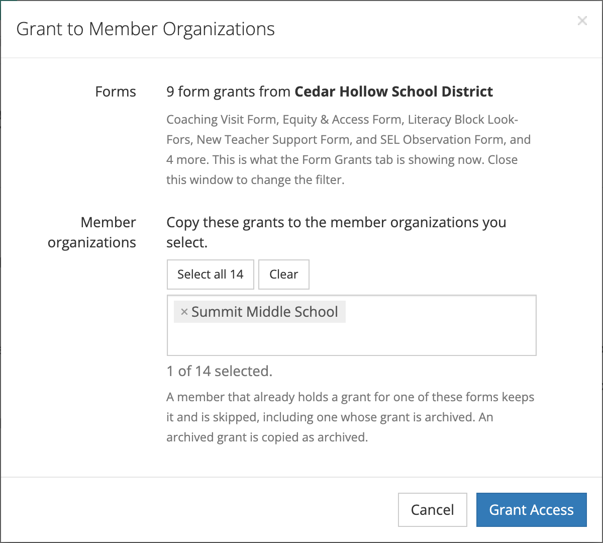 The Grant to Member Organizations window listing 9 form grants from Cedar Hollow School District, with Summit Middle School chosen in the Member organizations list, 1 of 14 selected
