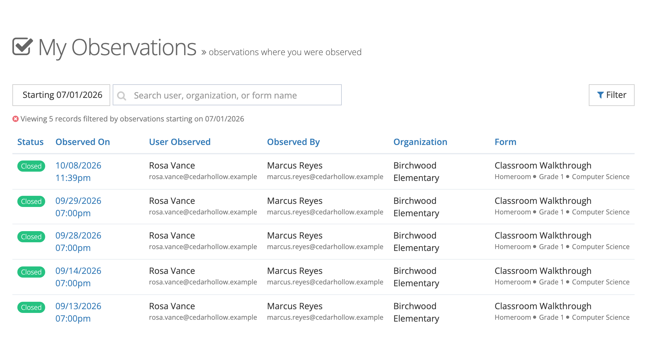 The My Observations list for Rosa Vance, filtered to observations starting 07/01/2026, showing five Closed Classroom Walkthrough observations by Marcus Reyes at Birchwood Elementary.