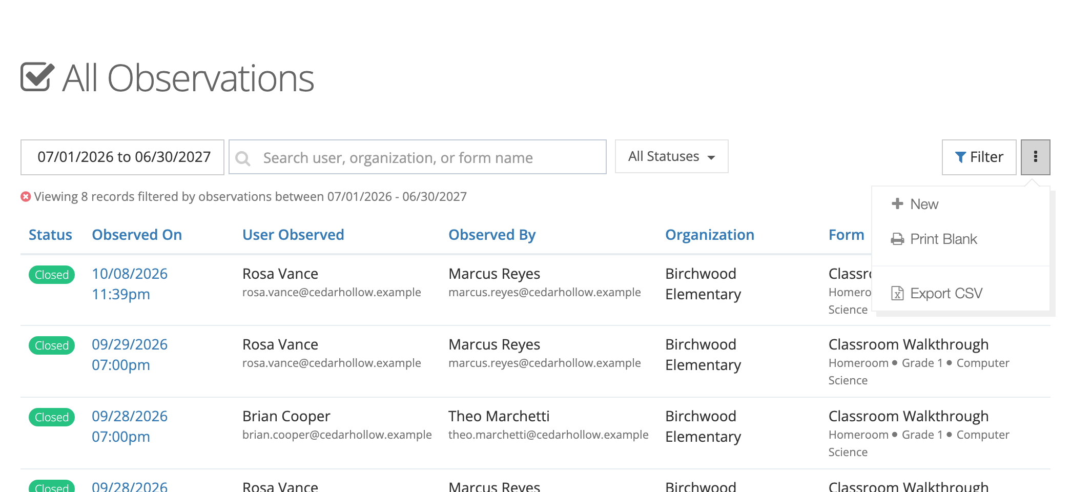 The All Observations list with the ⋮ menu open, showing New, Print Blank, and Export CSV.