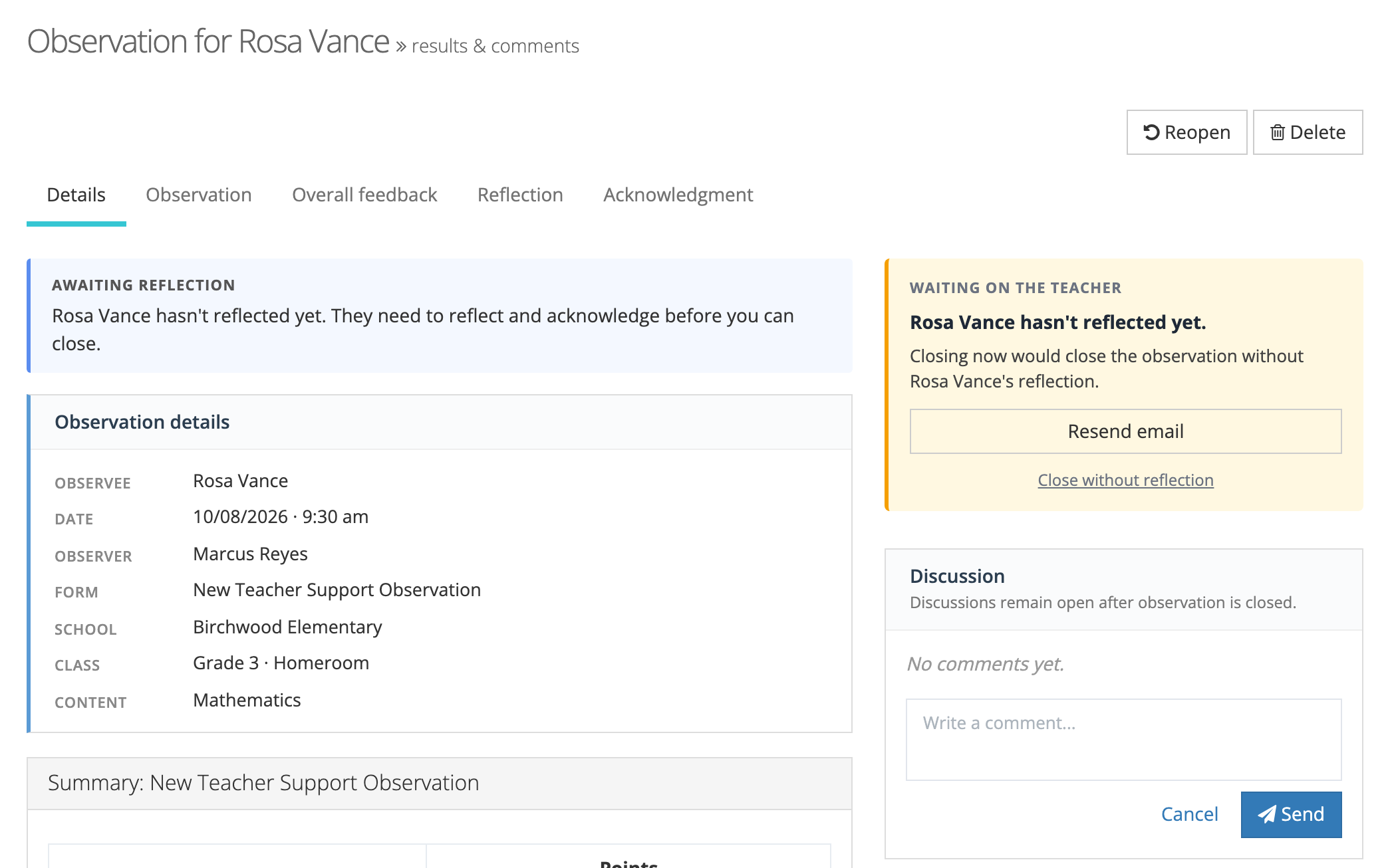 A submitted observation in Awaiting Reflection: the status band says Rosa Vance needs to reflect and acknowledge before it can be closed, and the Waiting on the teacher panel offers Resend email and Close without reflection.