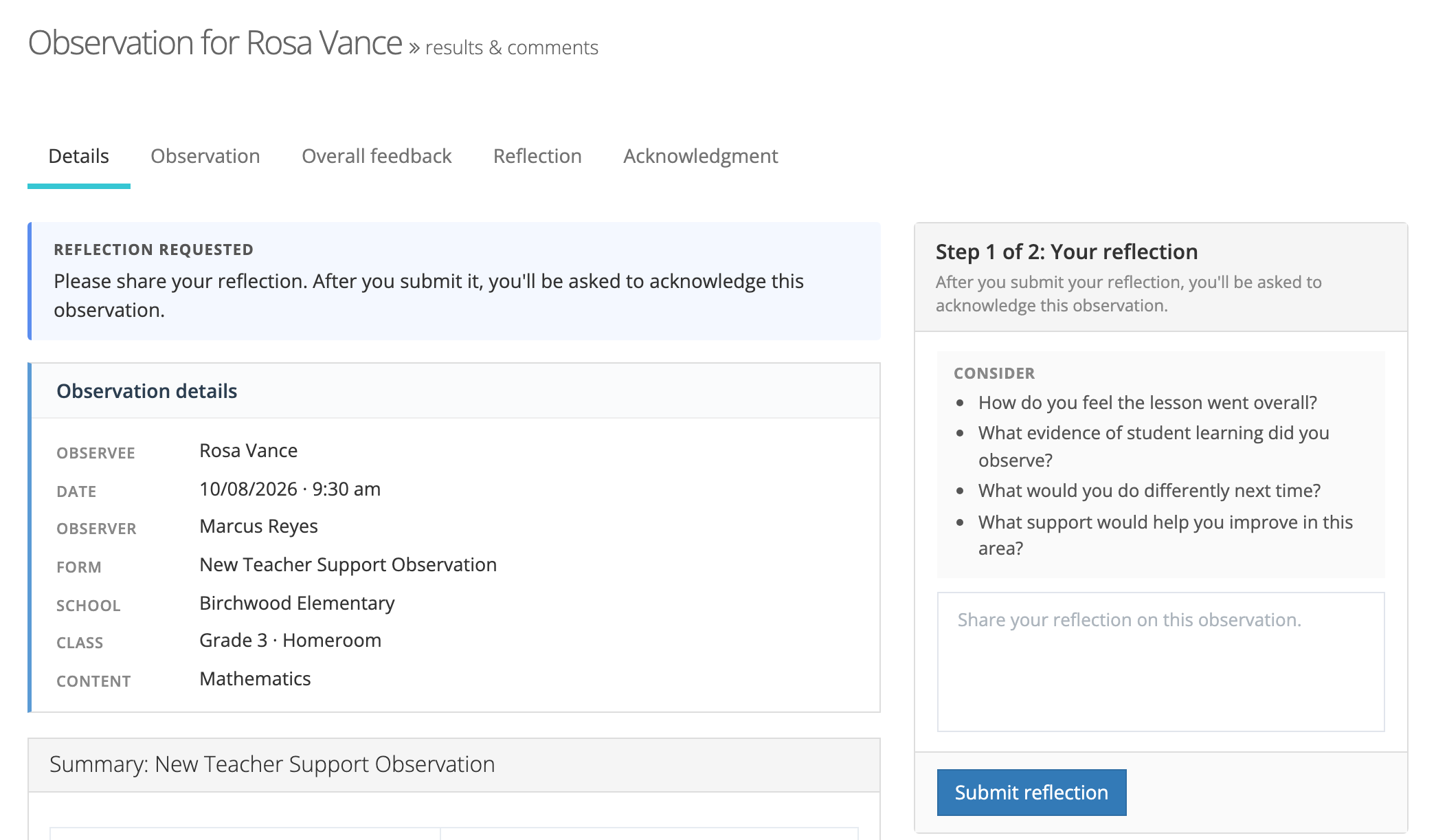 Rosa Vance's view of a submitted observation: a Reflection requested band, the Observation details card, and a Step 1 of 2: Your reflection panel with Consider prompts, a text box, and a Submit reflection button.