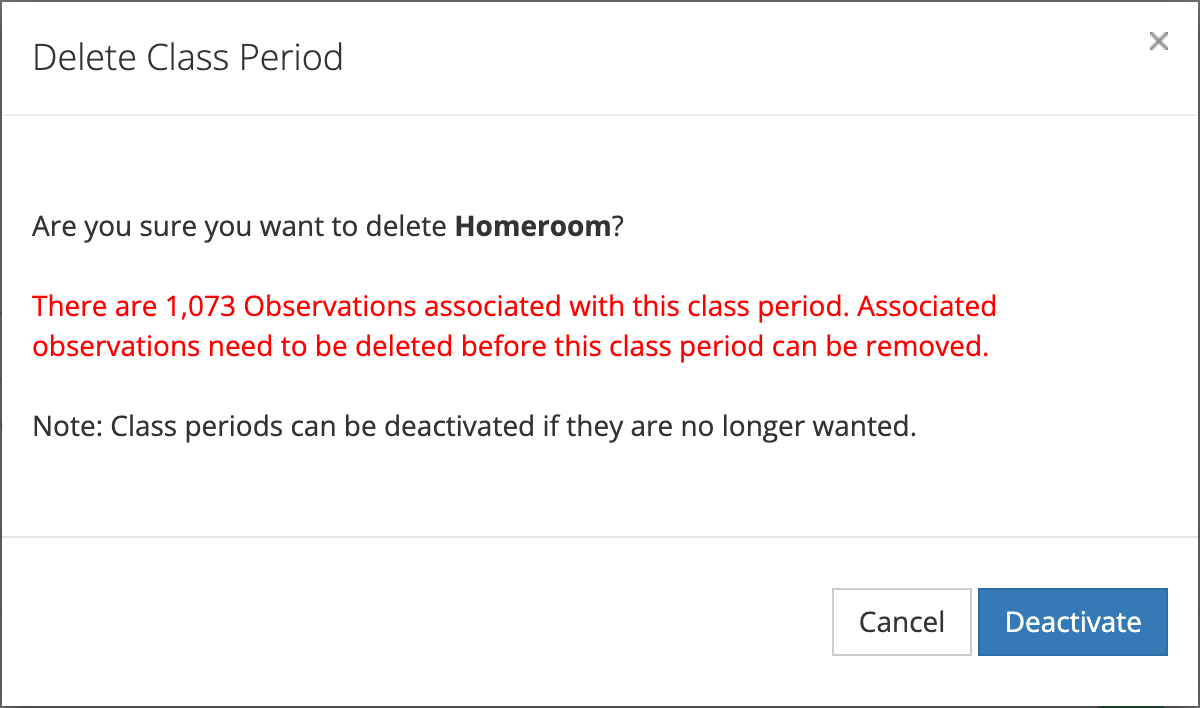 The Delete Class Period window for Homeroom, warning in red that 1,073 observations are associated with the class period, with Cancel and Deactivate buttons and no Remove button.
