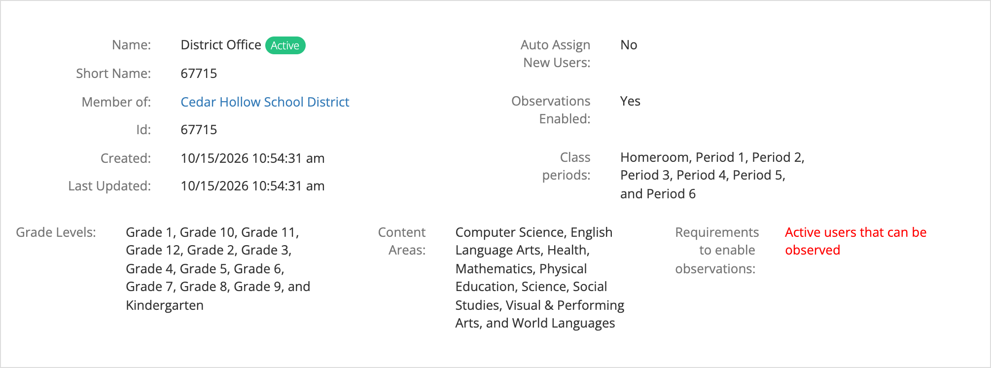 The District Office summary showing Observations Enabled: Yes, its class periods, grade levels, and content areas, and Requirements to enable observations: Active users that can be observed, in red.