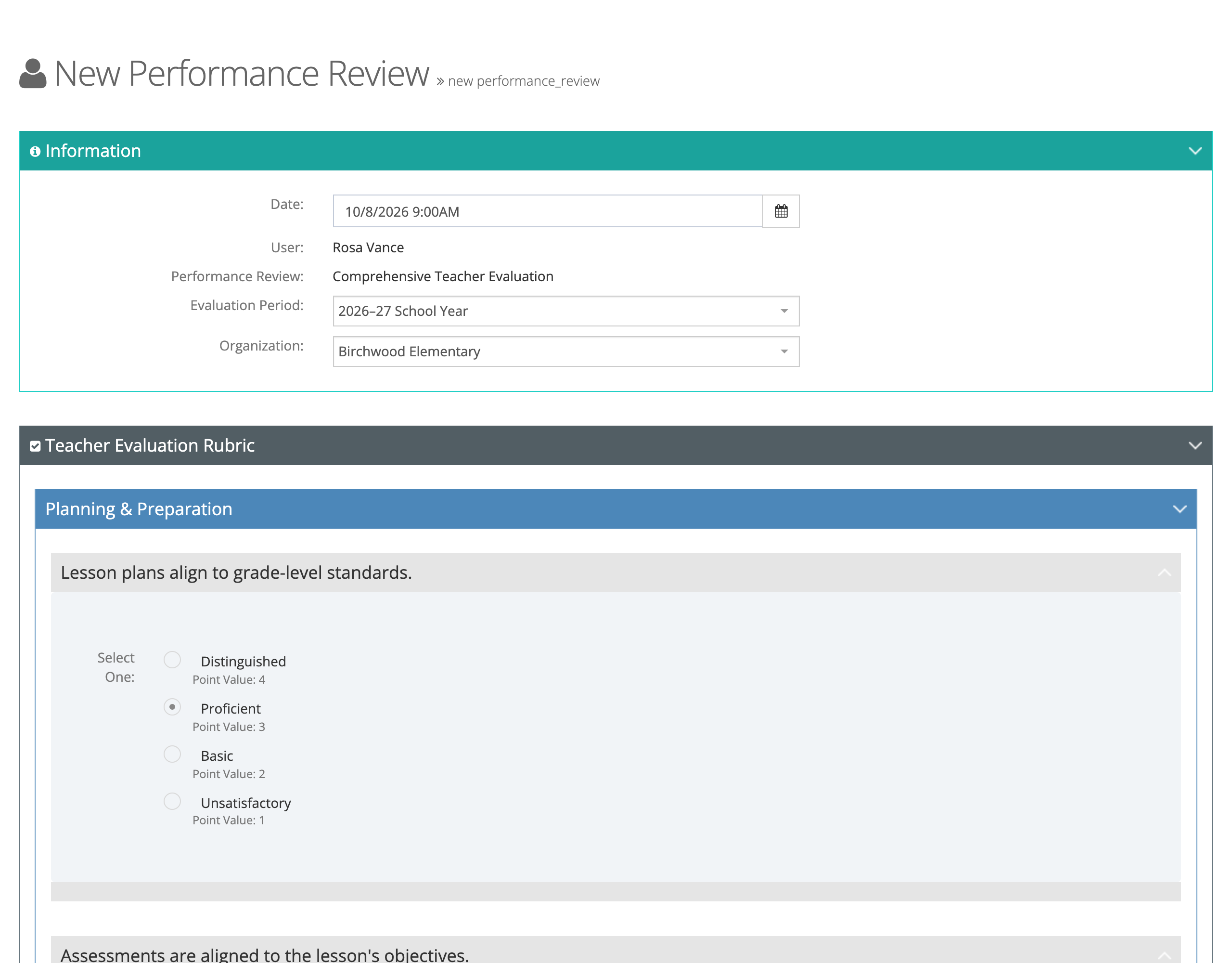 The New Performance Review page for Rosa Vance: the Information panel with date, user, form set, evaluation period, and Birchwood Elementary as the organization, above the first question of the Teacher Evaluation Rubric with four ratings from Distinguished to Unsatisfactory.