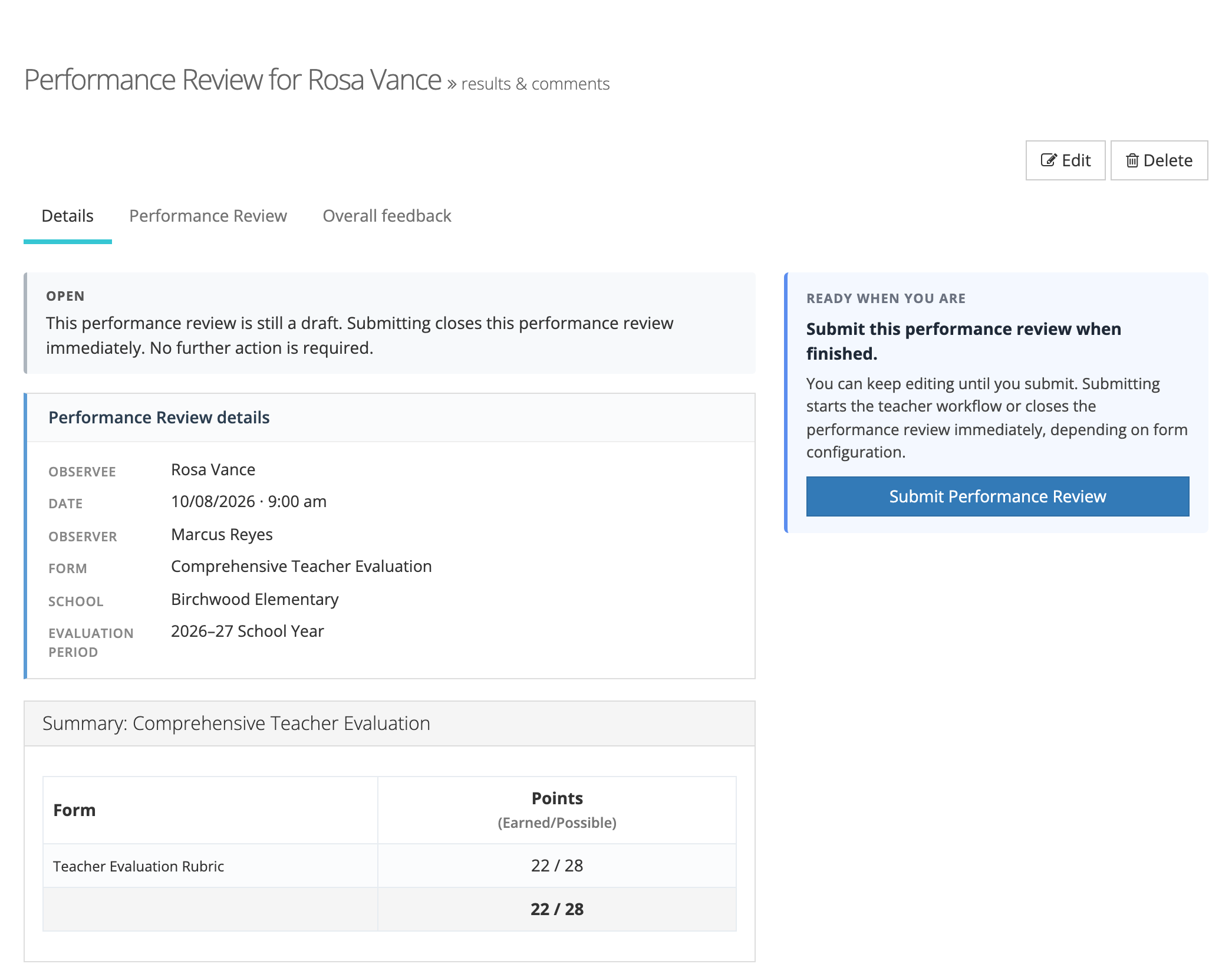 A saved draft review for Rosa Vance: an Open status card, the review details with the 2026–27 School Year evaluation period, a points summary of 22 out of 28, and a panel on the right with a Submit Performance Review button.