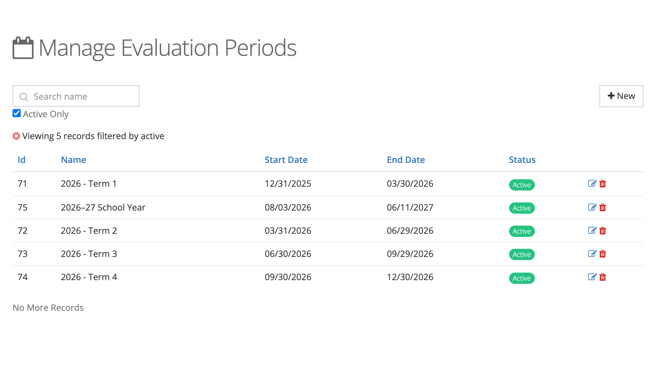 The Manage Evaluation Periods page with a Search name box, the Active Only box ticked, a New button, and five active periods: 2026 - Term 1 through 2026 - Term 4 and 2026–27 School Year, each with edit and delete icons.