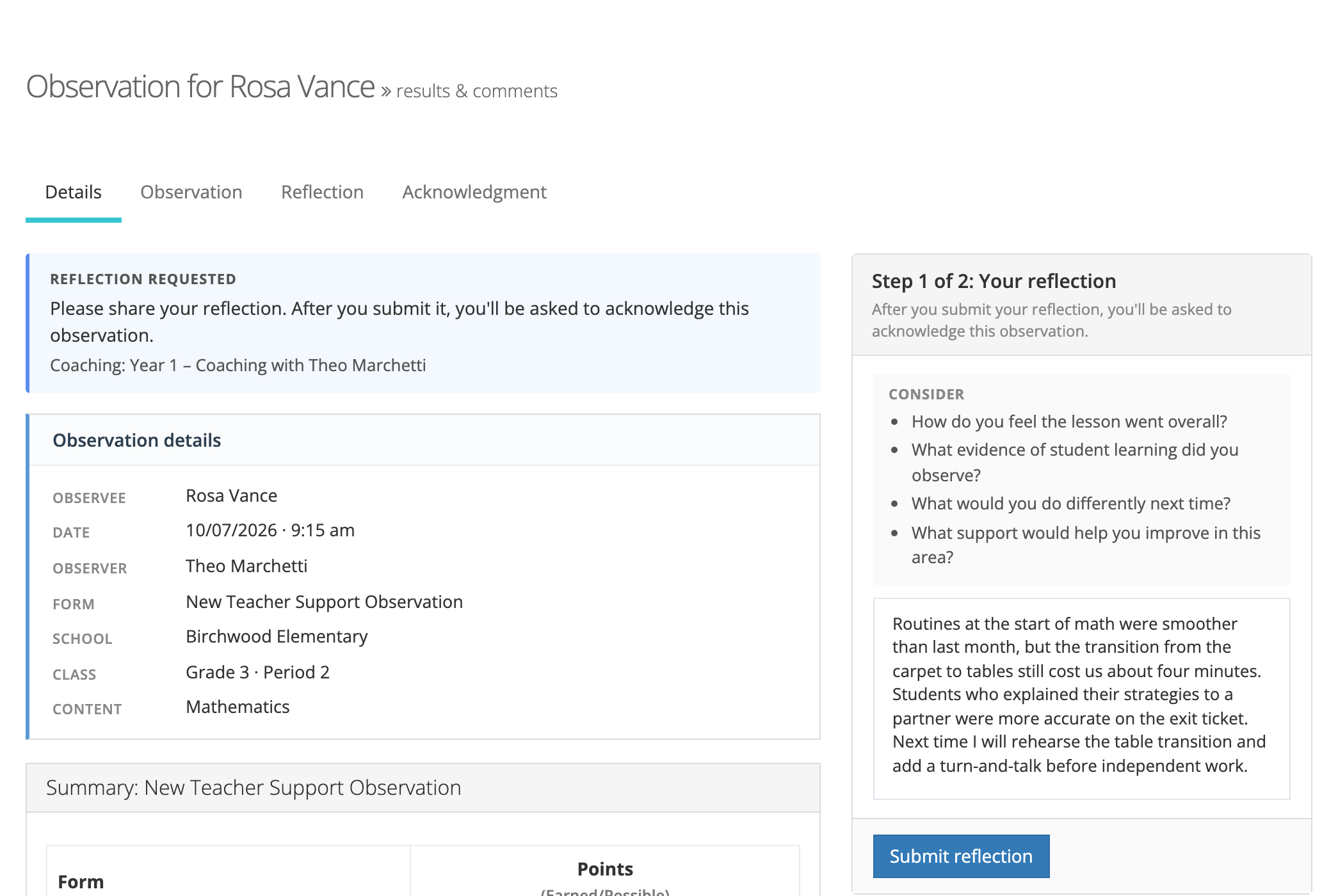A teacher's observation page with the Reflection requested summary on the left and the Step 1 of 2: Your reflection form on the right, listing four prompts under Consider above a written reflection and a Submit reflection button