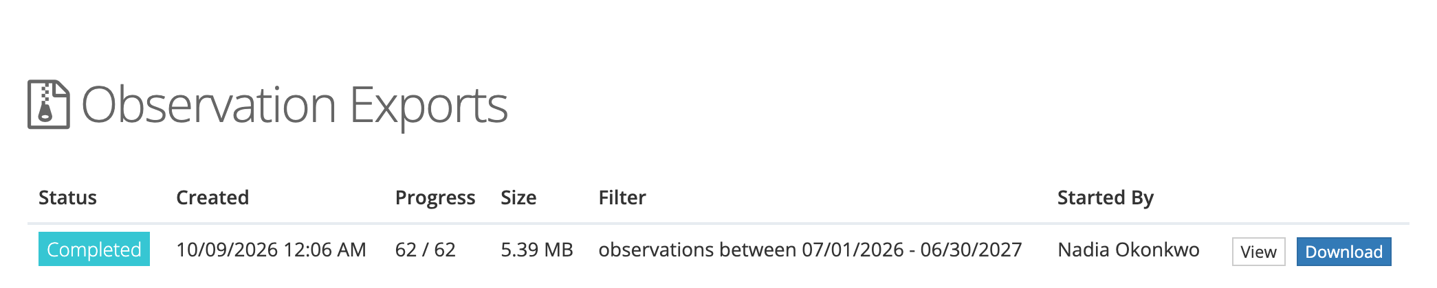 The Observation Exports page with one completed export: its created time, 62 of 62 observations done, the file size, the date-range filter it used, Nadia Okonkwo as the person who started it, and View and Download buttons.