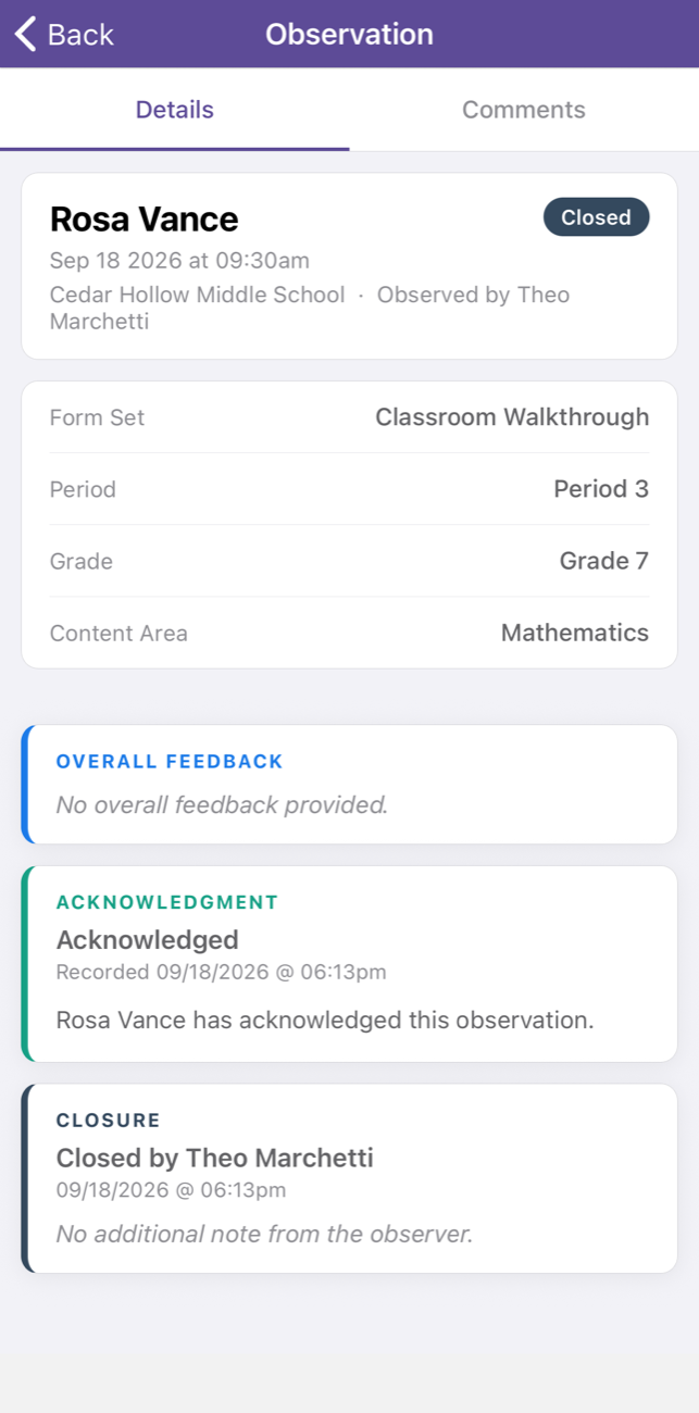 The observation screen in the mobile app for an observer who closed it himself. The header shows only Back, with no Reopen button.