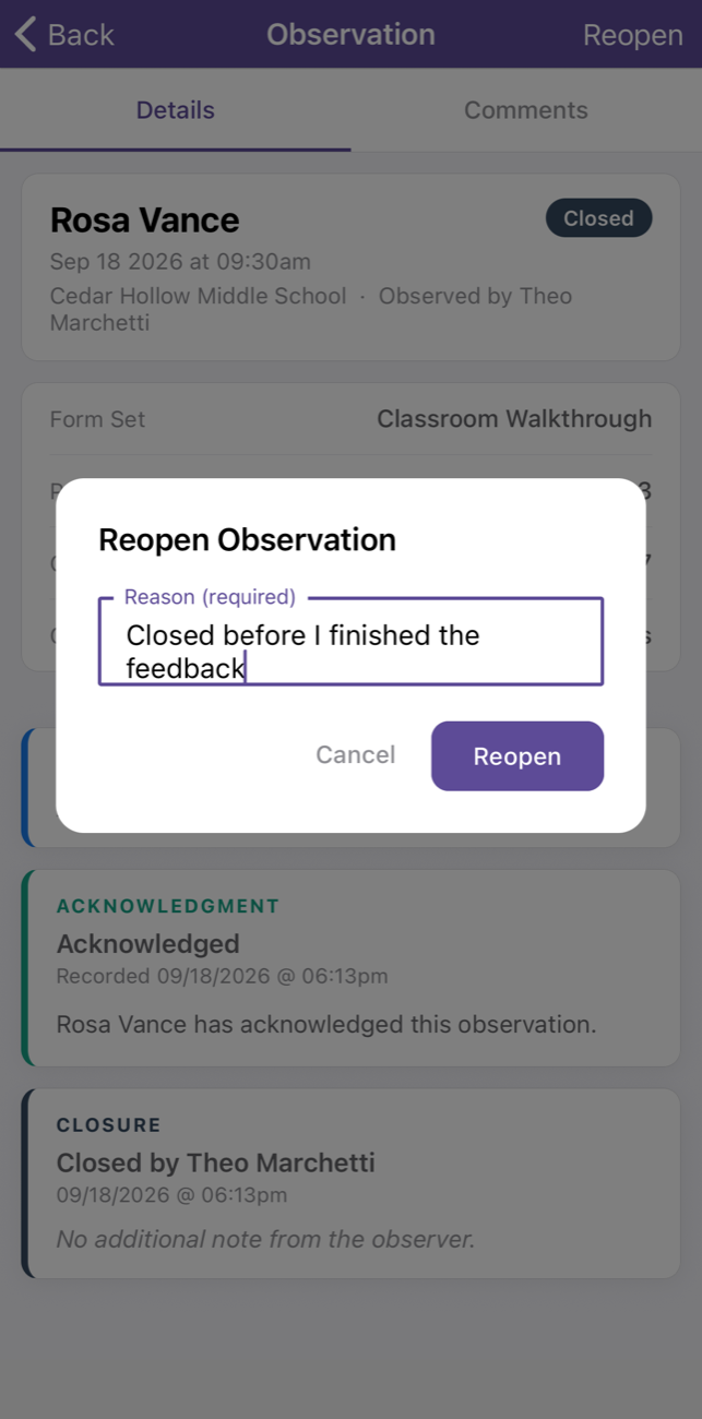 The Reopen Observation dialog, with a required Reason field and the Reopen button.