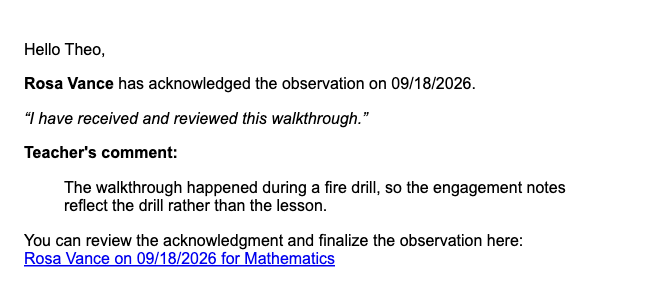 The email the observer receives, quoting the signed statement and showing the teacher's comment