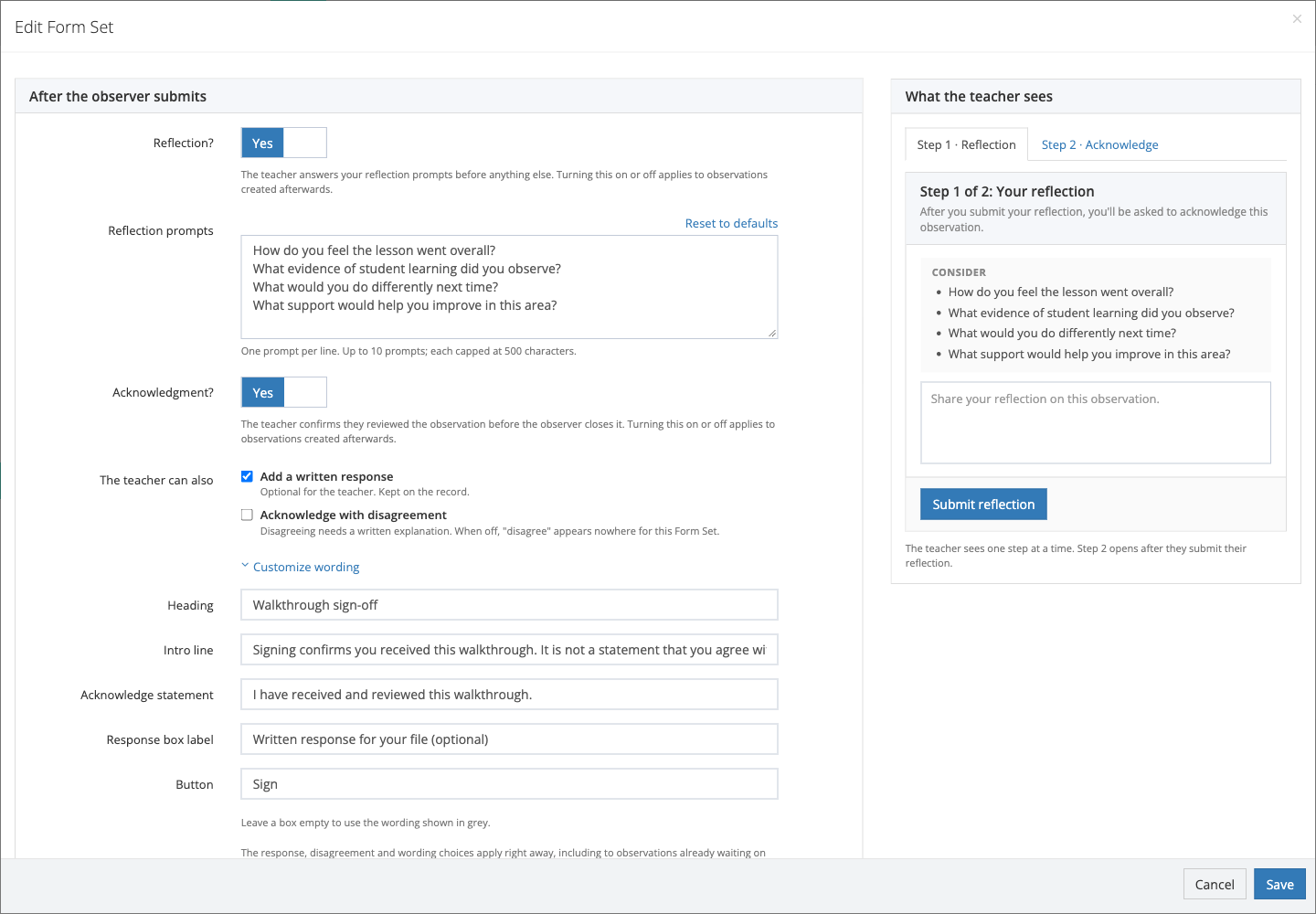 The Edit Form Set window with Reflection turned on: the reflection prompts appear under it, and What the teacher sees shows Step 1 and Step 2 tabs with the reflection screen showing